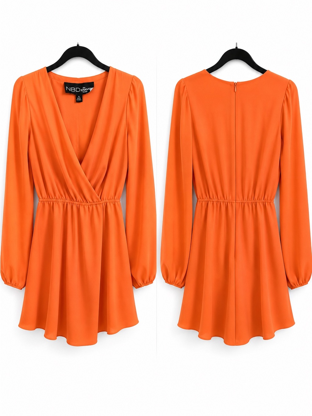 NBD x Naven twins  Orange Long-Sleeve Wrap Mini Dress with Elastic Waist